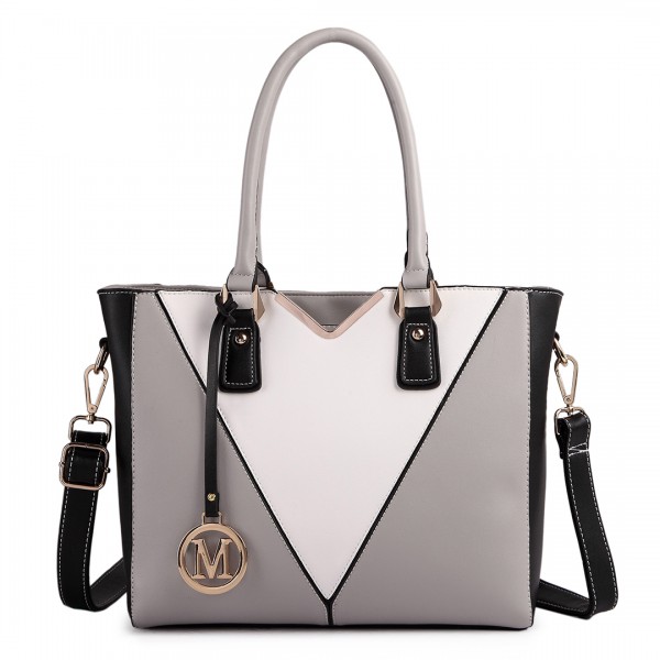 LG1641 - Miss Lulu Leather Look V-Shape Shoulder Handbag - Grey